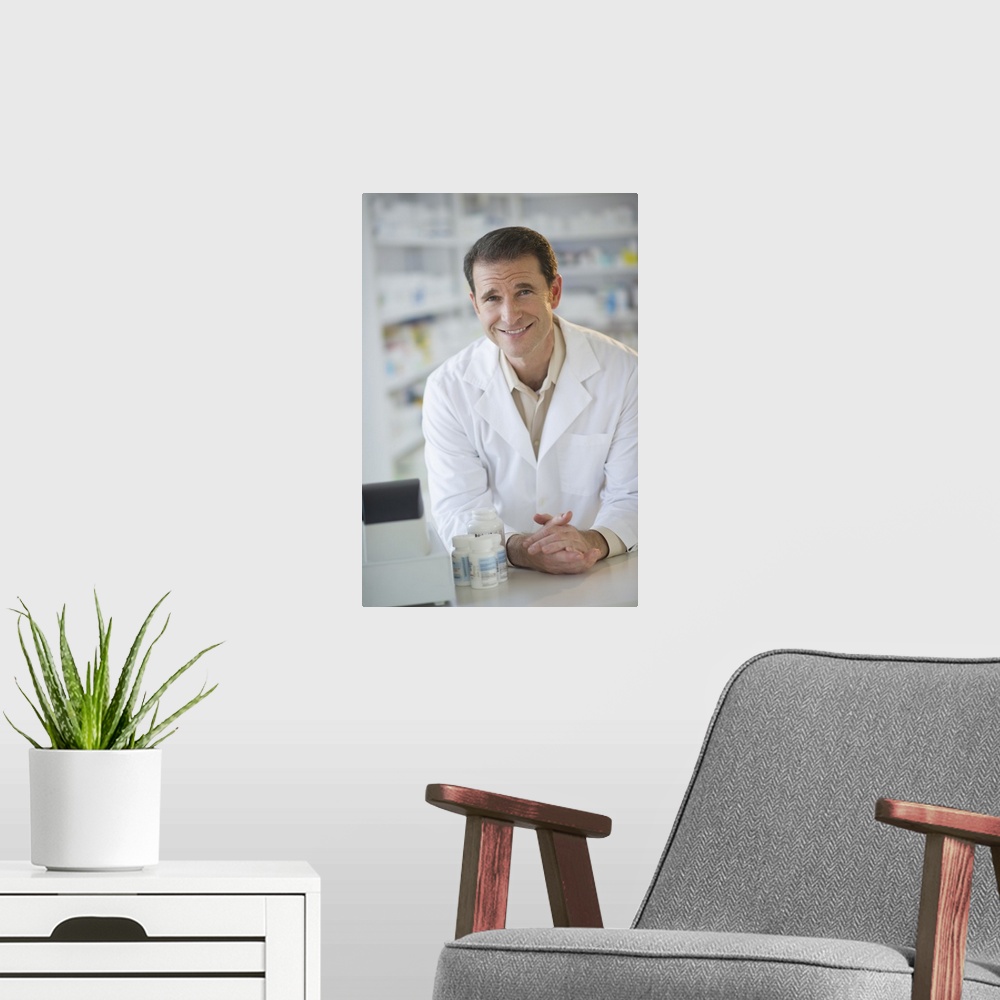 A modern room featuring USA, New Jersey, Jersey City, Portrait of pharmacist