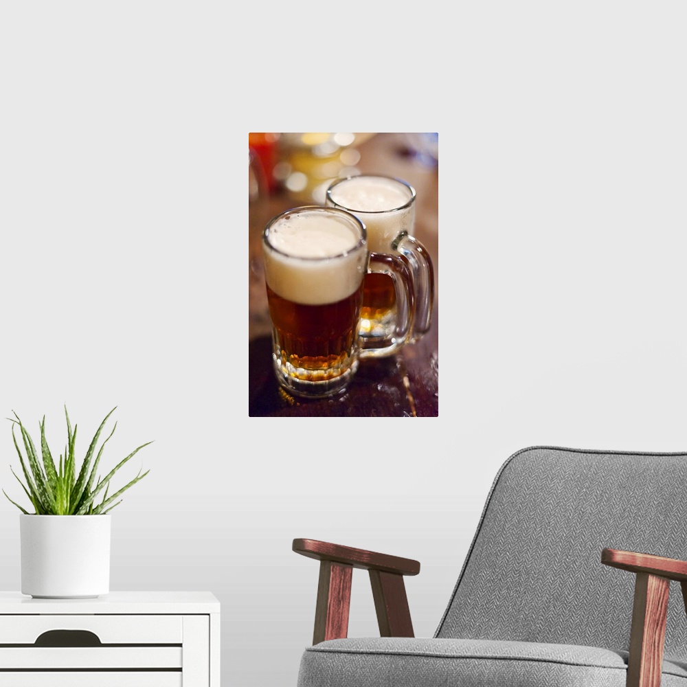 A modern room featuring USA, New York, New York City, Two beers on bar