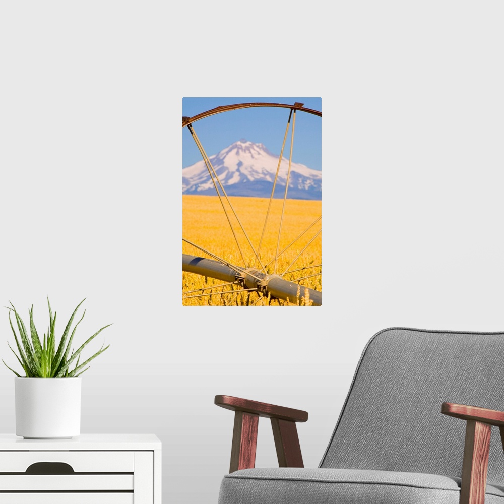 A modern room featuring View of Mount Hood through farming equipment, Oregon, USA