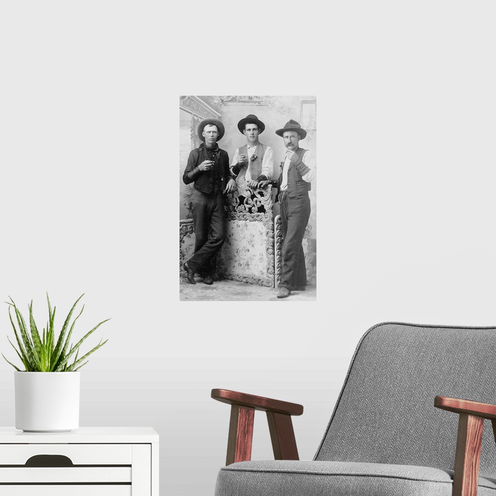 A modern room featuring Vintage image of cowboys drinking and smoking