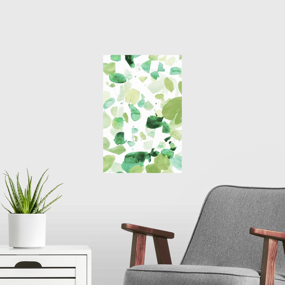 A modern room featuring Watercolor painting of in shades of green on white.