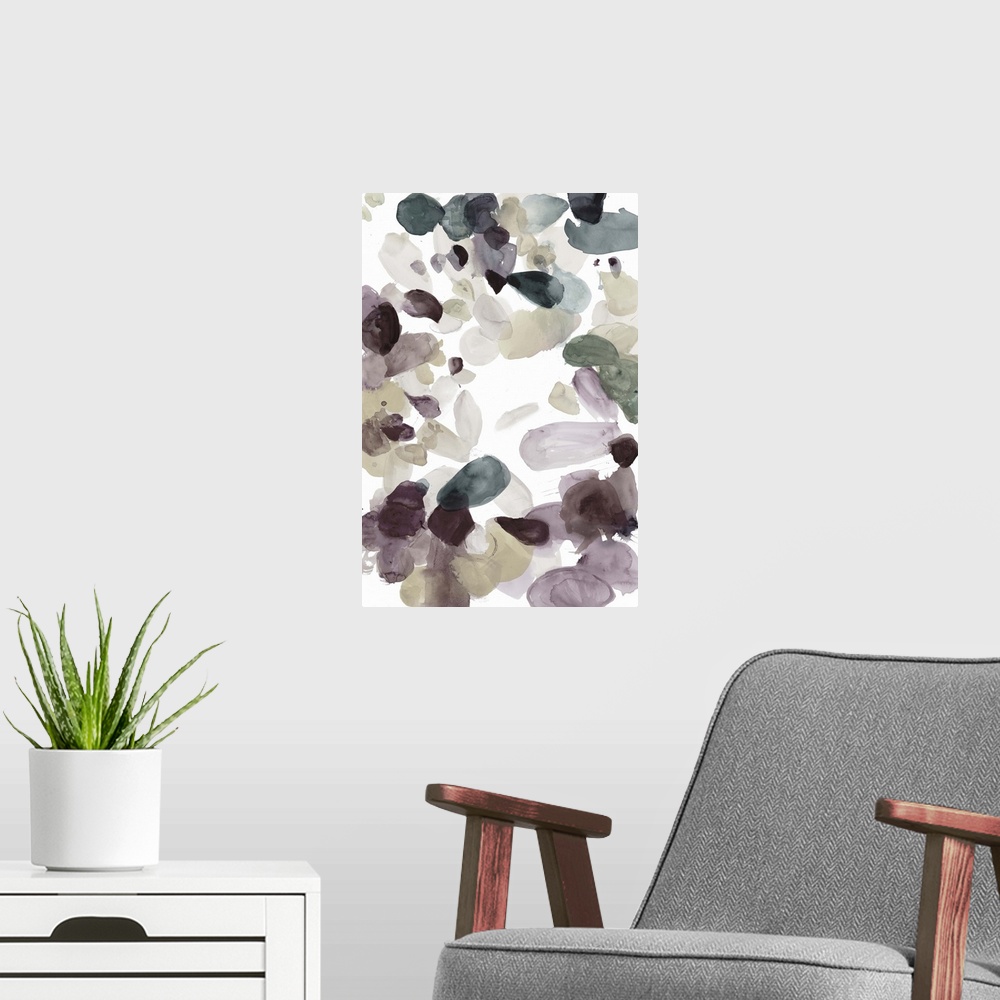 A modern room featuring A contemporary watercolor abstract painting using vibrant shades of brown.