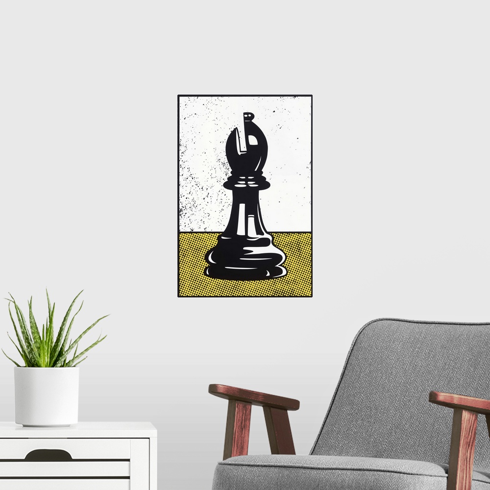 A modern room featuring Digital illustration of a chess bishop in black, white, and yellow.