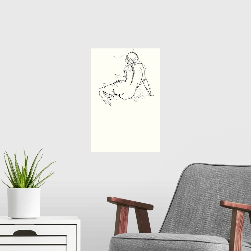 A modern room featuring Contemporary nude sketch of the backside of a woman using black ink on an off white background.