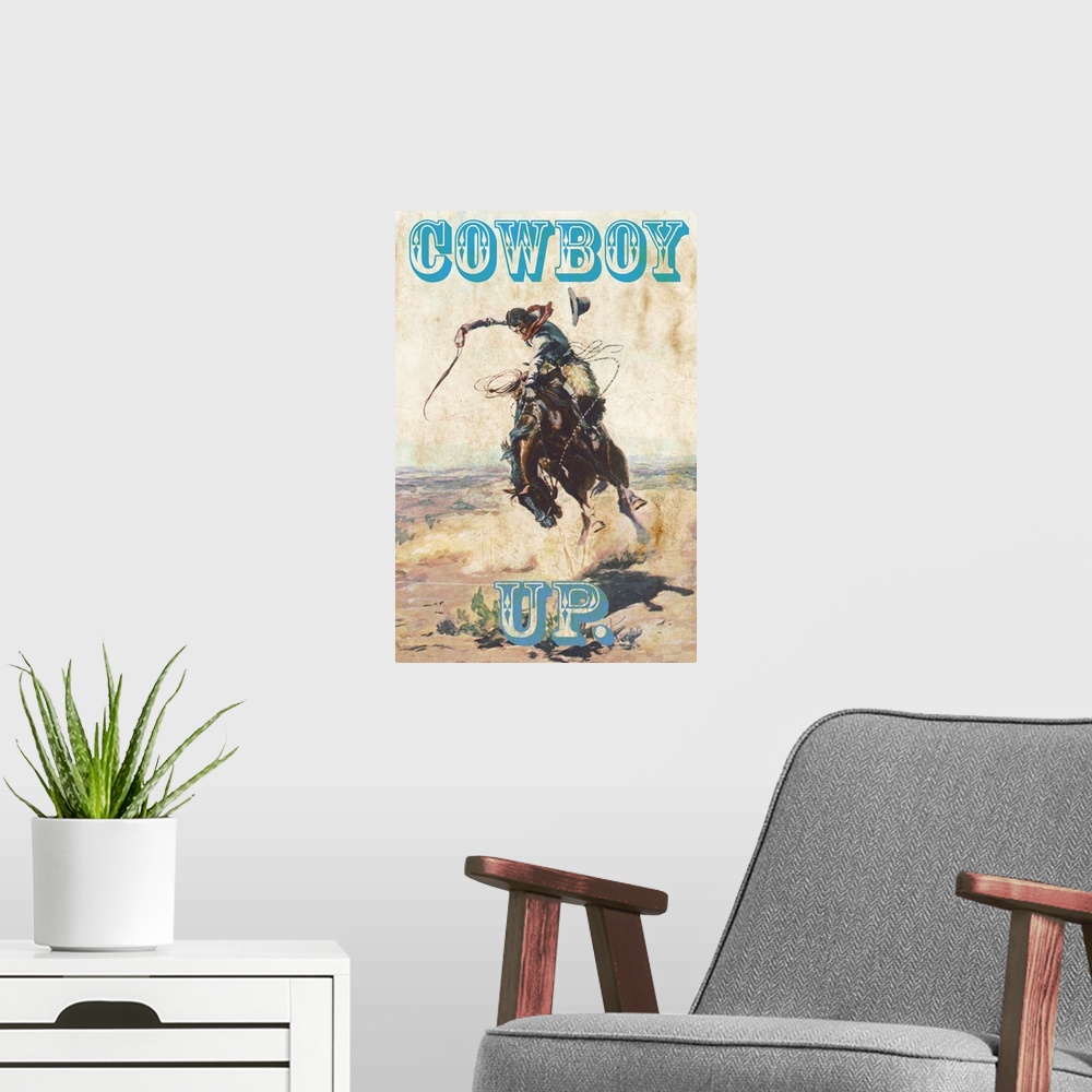 A modern room featuring Cowboy Up