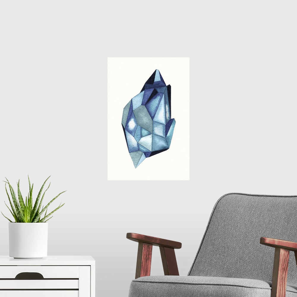 A modern room featuring A contemporary abstract watercolor painting of an azure blue colored crystal-like shape.