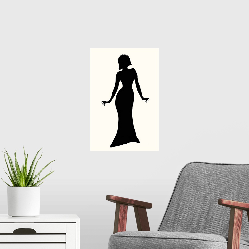 A modern room featuring Black silhouette of a female fashion model on a white background.