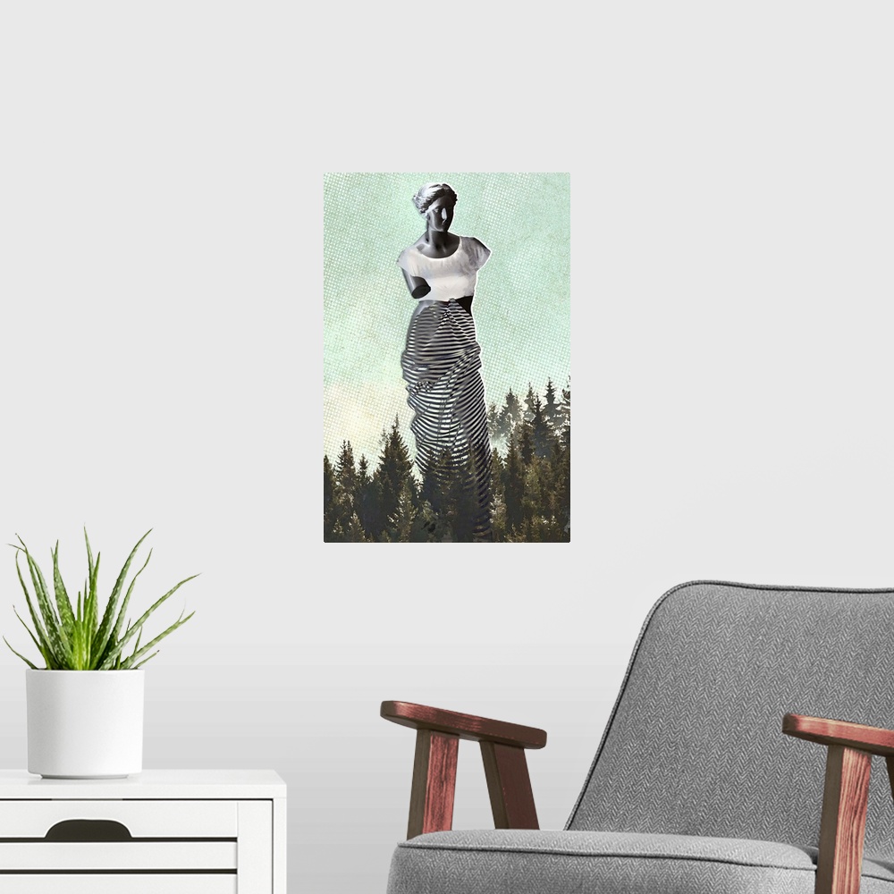 A modern room featuring Abstract image of a statue wearing clothes on top of tree tops created with mixed media.