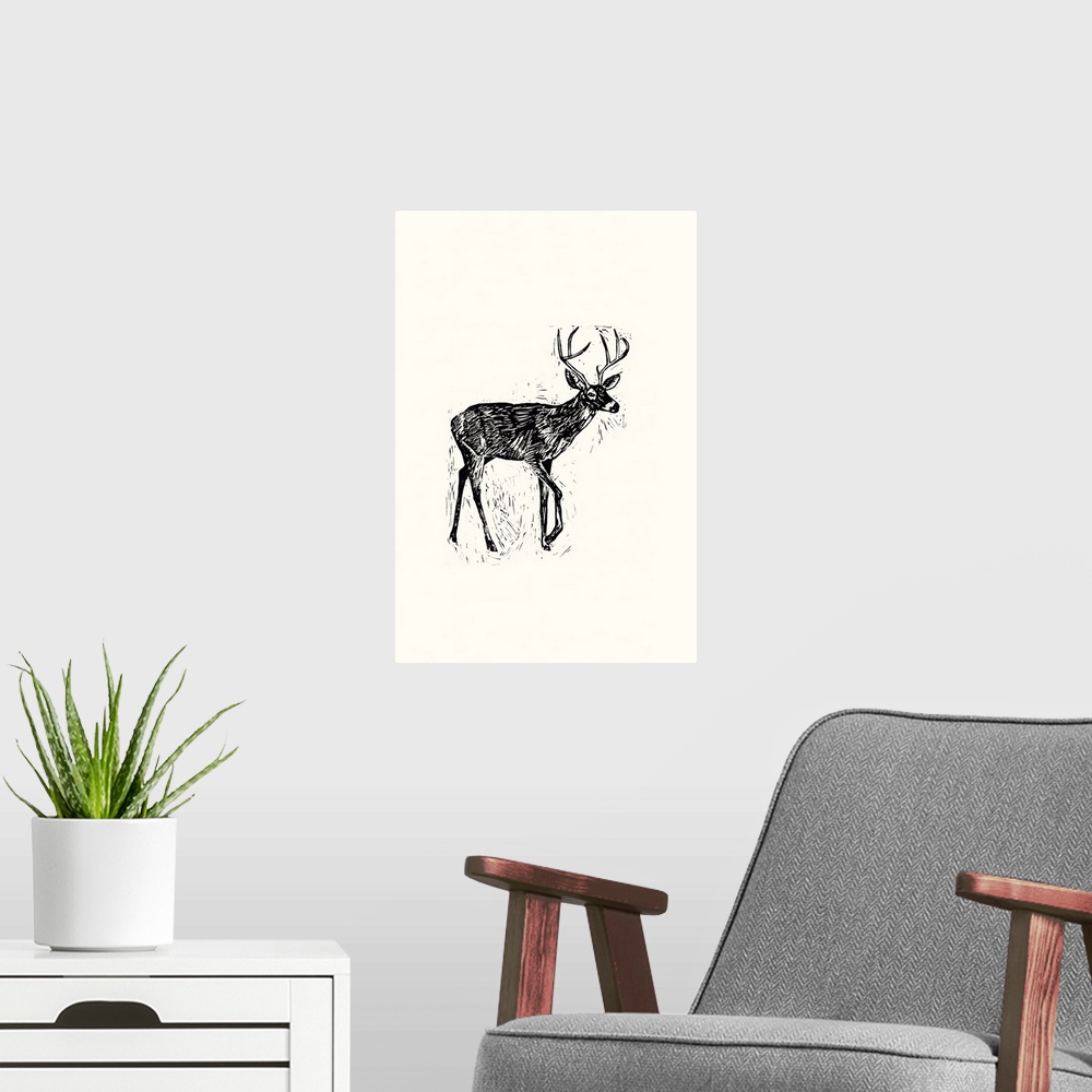 A modern room featuring Black and white block print illustration of a deer on an off white background.