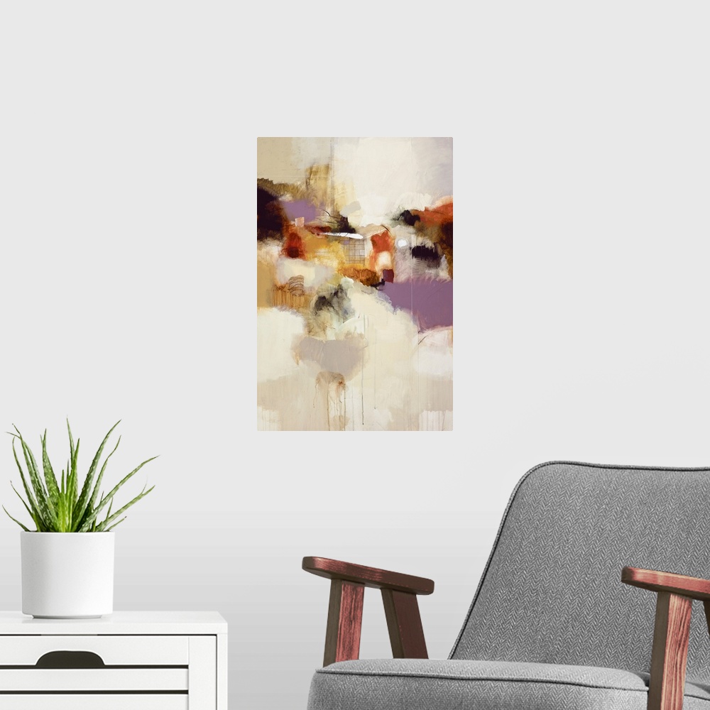 A modern room featuring Abstract painting featuring patches of soft natural colors and paint drips.