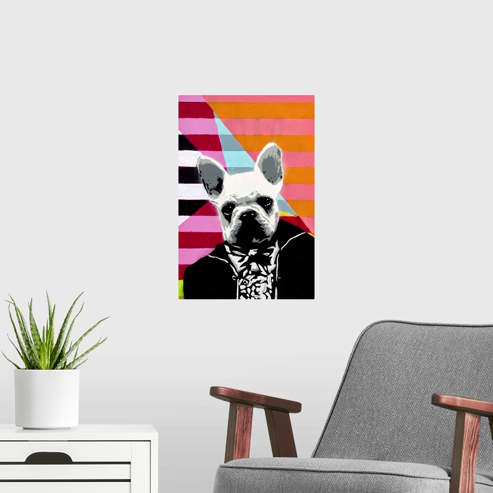 A modern room featuring Contemporary artwork of a french bulldog head on a human body wearing a tuxedo against a geometri...