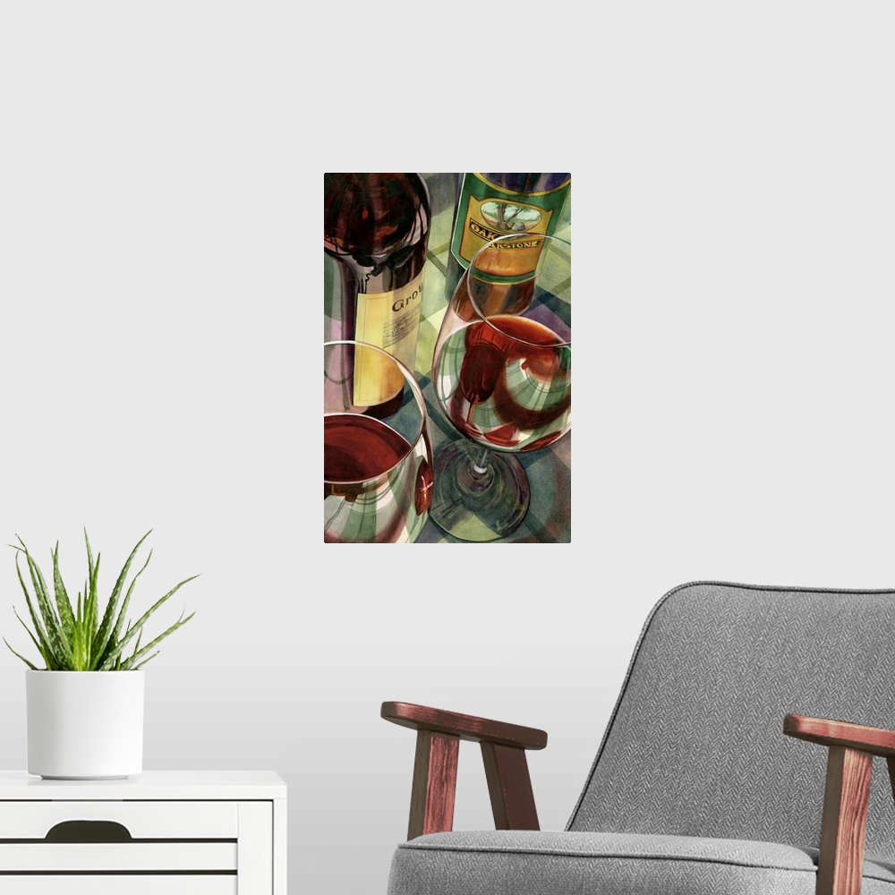 A modern room featuring Contemporary painting of wine bottles and wine glasses, filled with red wine.