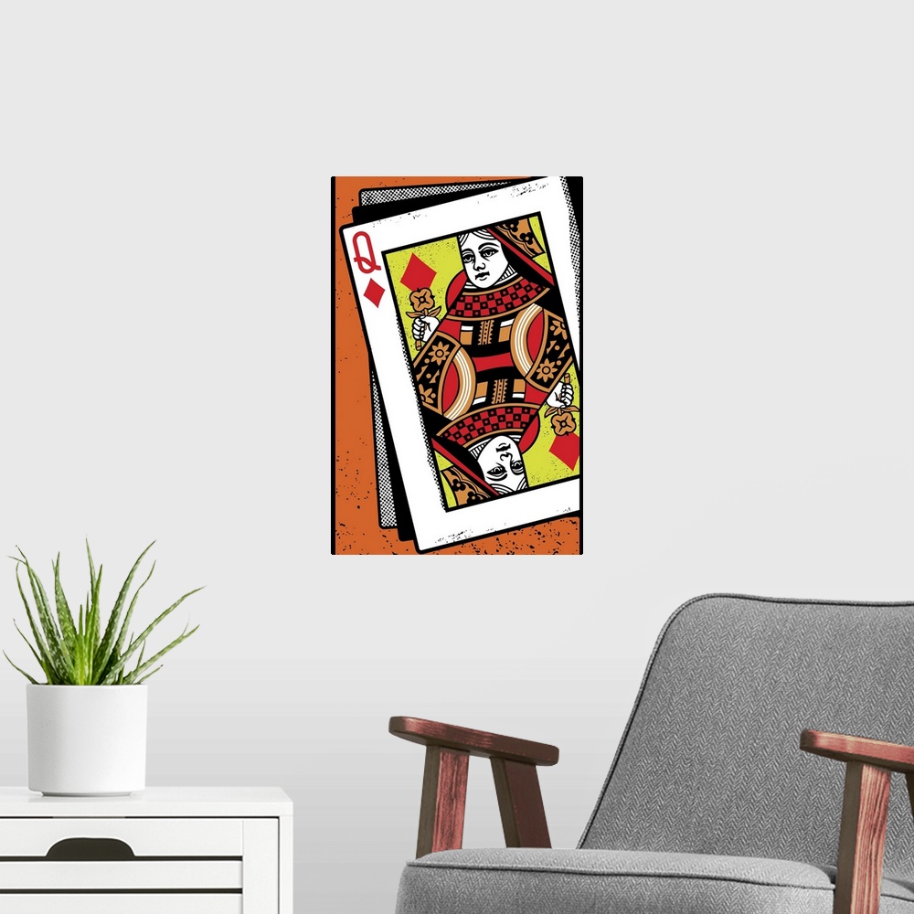 A modern room featuring Digital illustration of a Queen of diamonds on an orange background.