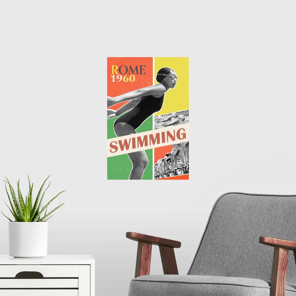 A modern room featuring Artwork commemorating the 1960 Rome Olympics and the swimming event.
