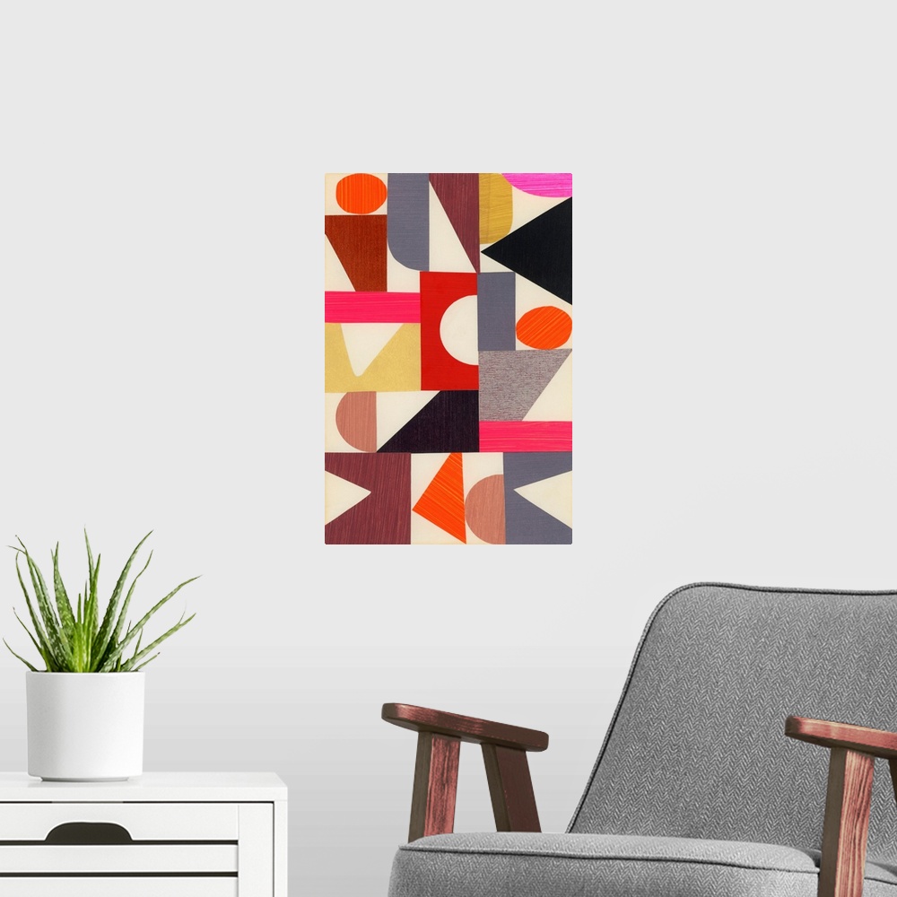 A modern room featuring An impactful piece of mid century modern art featuring geometric shapes in neutral shades with po...