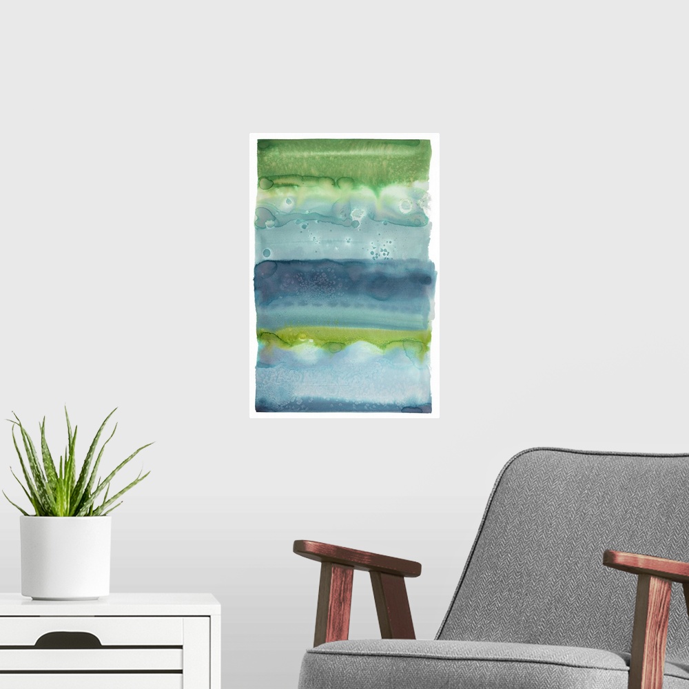 A modern room featuring Blue and green watercolor painting created in layered horizontal sections on a white background.
