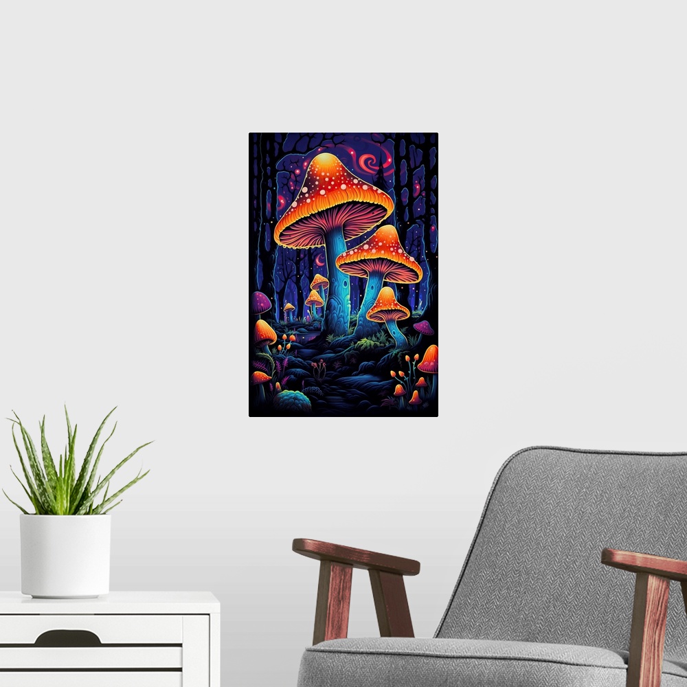 A modern room featuring Neon Mushrooms Glowing Orange