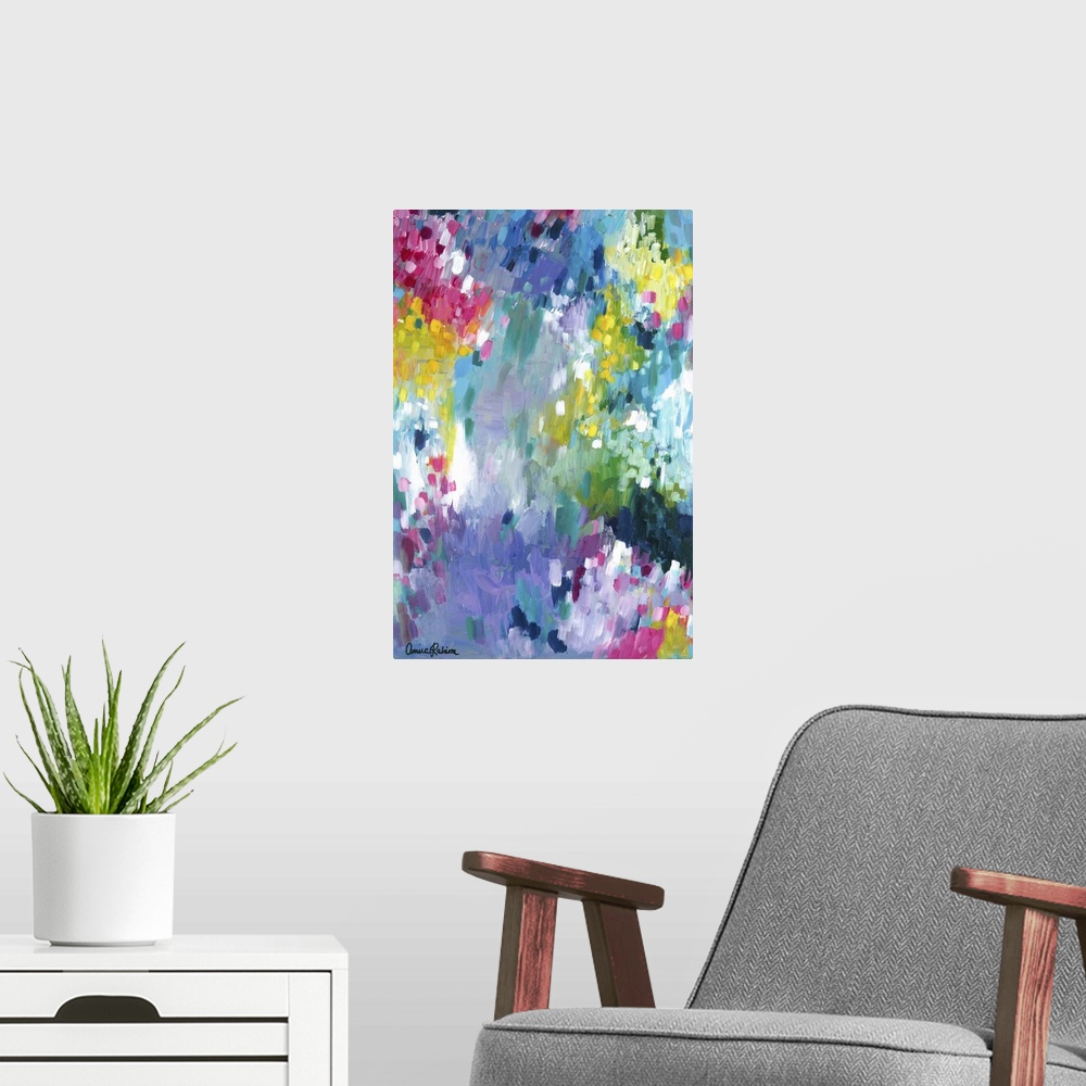 A modern room featuring A contemporary colorful abstract painting.