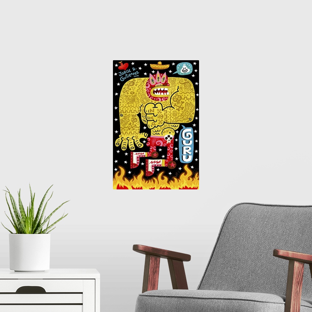 A modern room featuring Latin art of a jumping luchador covered in tattoos.