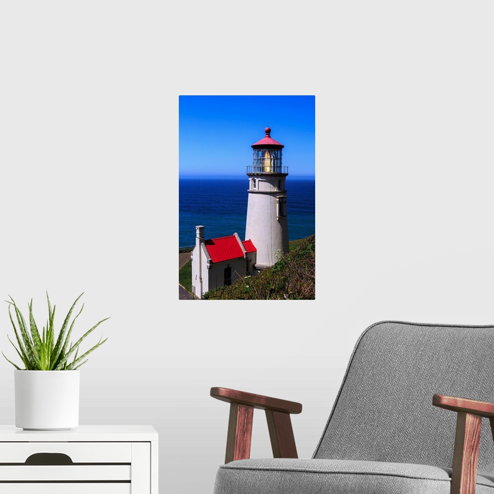 A modern room featuring Heceta Head Lighthouse