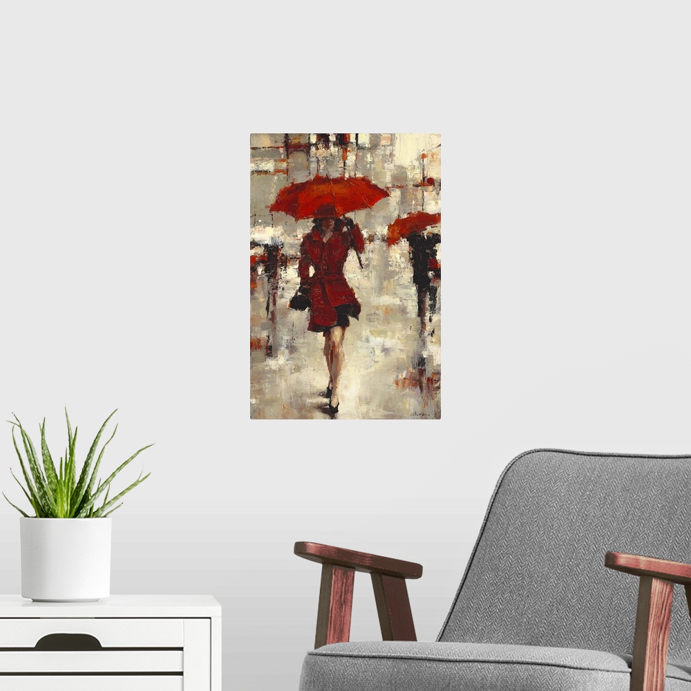 A modern room featuring Contemporary painting of people walking under umbrellas in a rainy day.