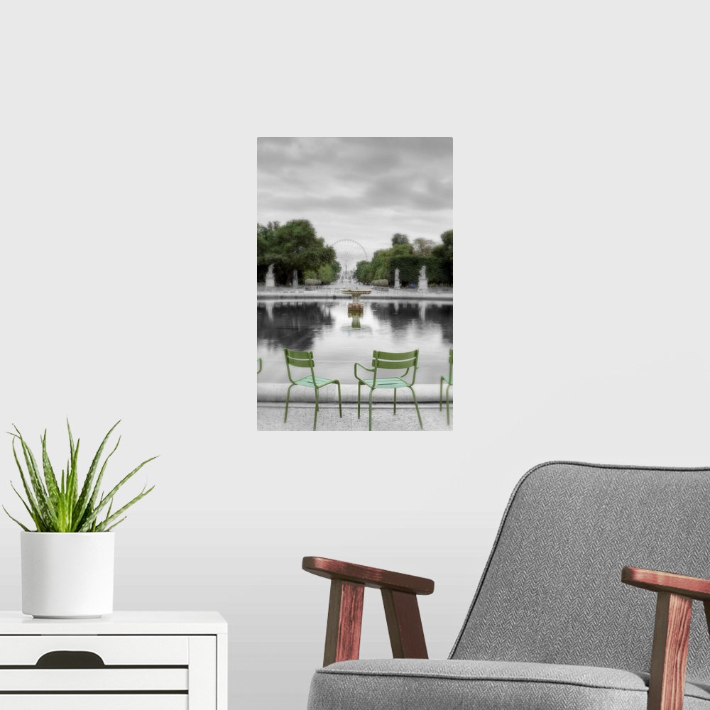 A modern room featuring Photograph of Les Tuileries Park, which stretches along the Seine river right bank from the Louvr...