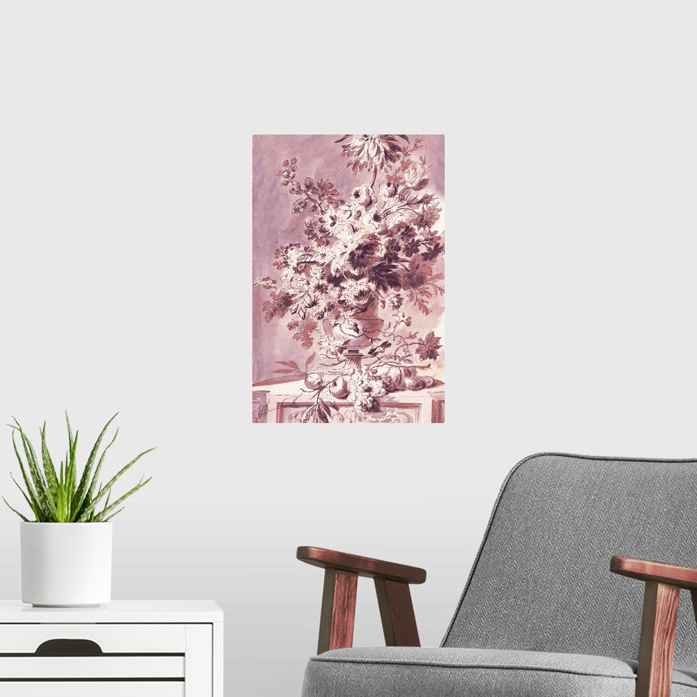 A modern room featuring An old world sketch of a floral arrangement in subtle shades of rust and pink.