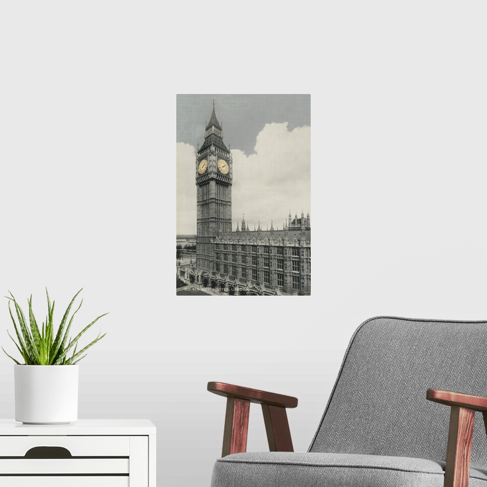 A modern room featuring Vintage postcard of Big Ben and Parliament in London, England.