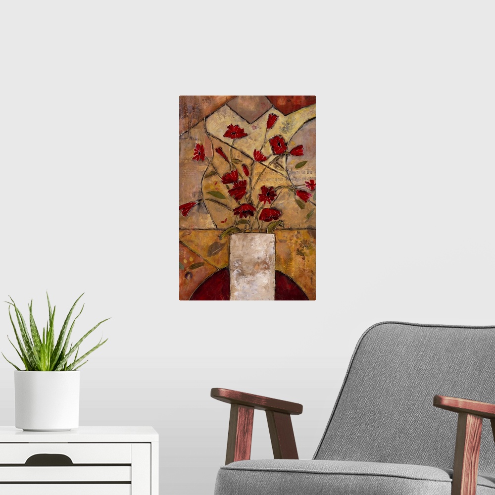 A modern room featuring Contemporary painting of a bouquet of red flowers in a white vase over a mosaic inspired background.