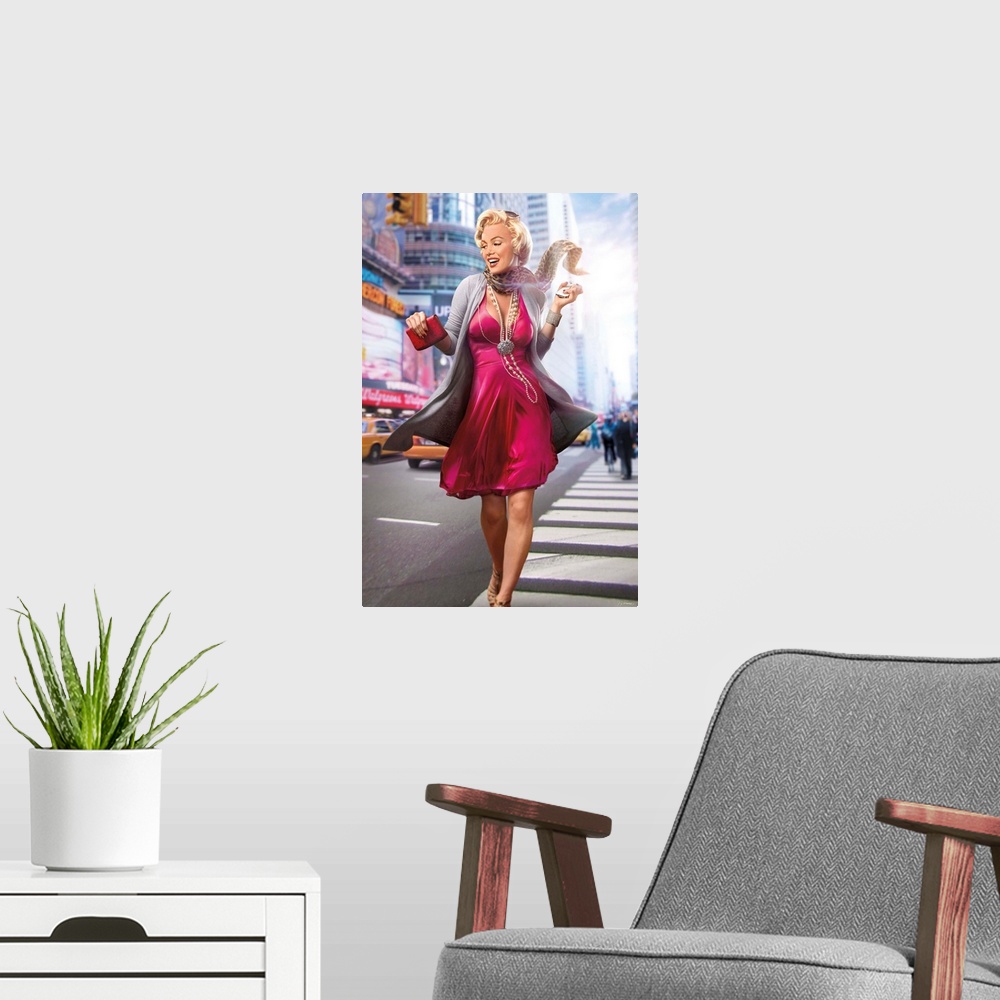 A modern room featuring Digital art painting of Marilyn Monroe, in full color, strolling down the avenue in New York City...
