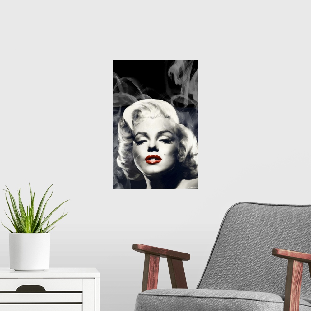 A modern room featuring Portrait of actress Marilyn Monroe with red lips and wisps of smoke.