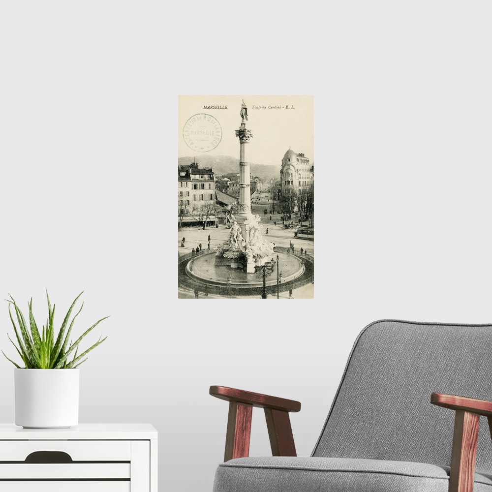 A modern room featuring Vintage postcard of a monument in Marseille, France.