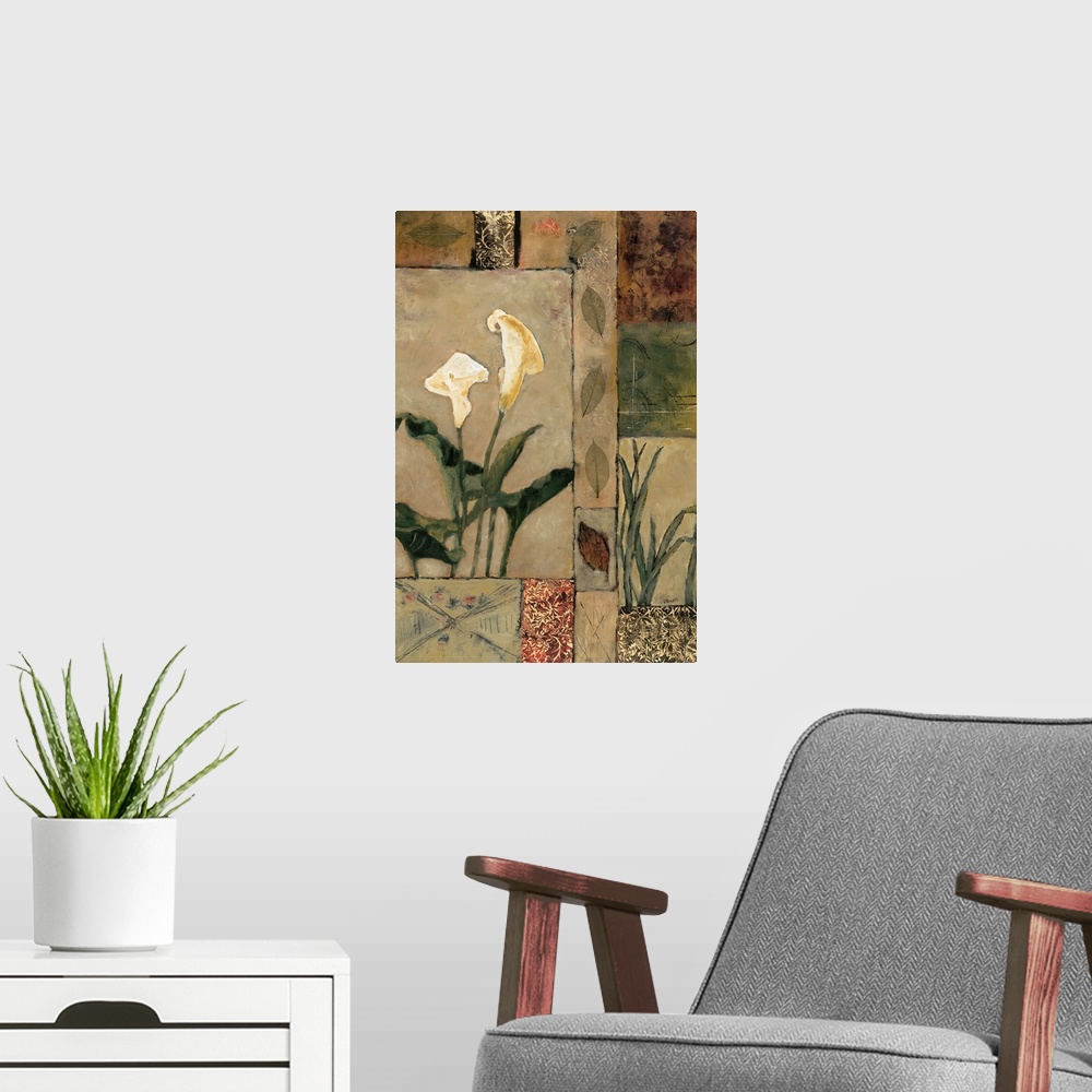A modern room featuring Contemporary painting of calla lily blooms with leaves over a geometric style background.