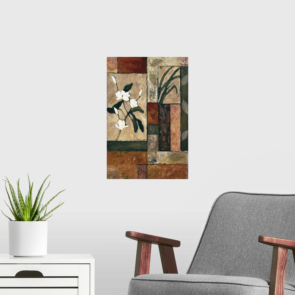A modern room featuring Contemporary painting of white flowers with leaves over a geometric style background.