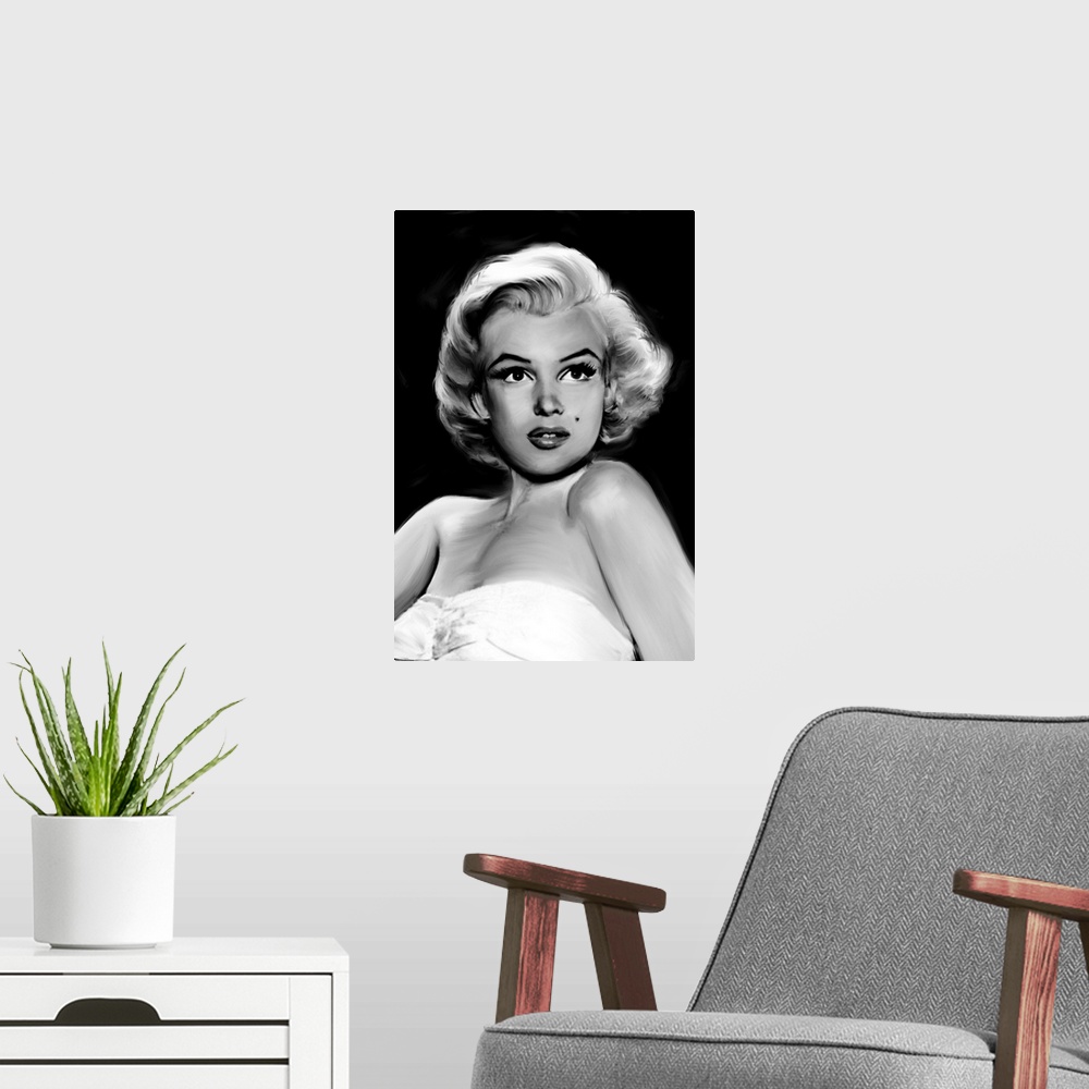 A modern room featuring Digital art painting in black and white of Marilyn Monroe in Pixie Marilyn by Jerry Michaels.