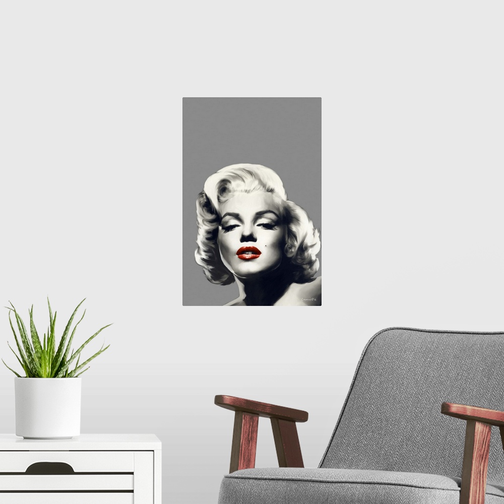 A modern room featuring Black, white, and gray digital art painting of Marilyn Monroe with red lips.