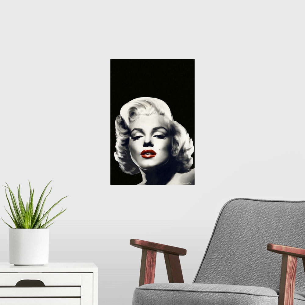 A modern room featuring Black and white digital art painting of Marilyn Monroe with red lips.