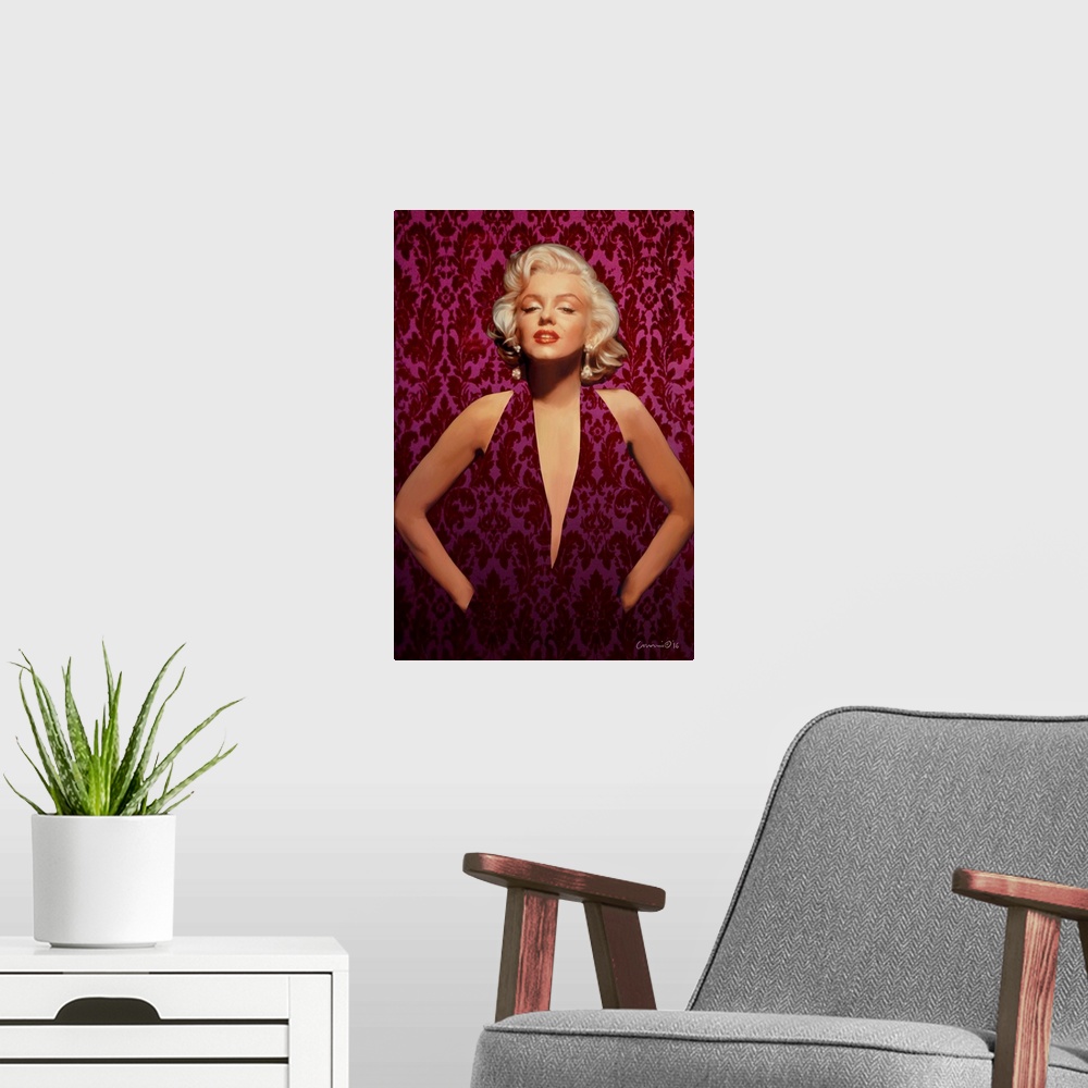 A modern room featuring Portrait of Marilyn Monroe wearing a pink and red patterned dress that blends in with the wall be...