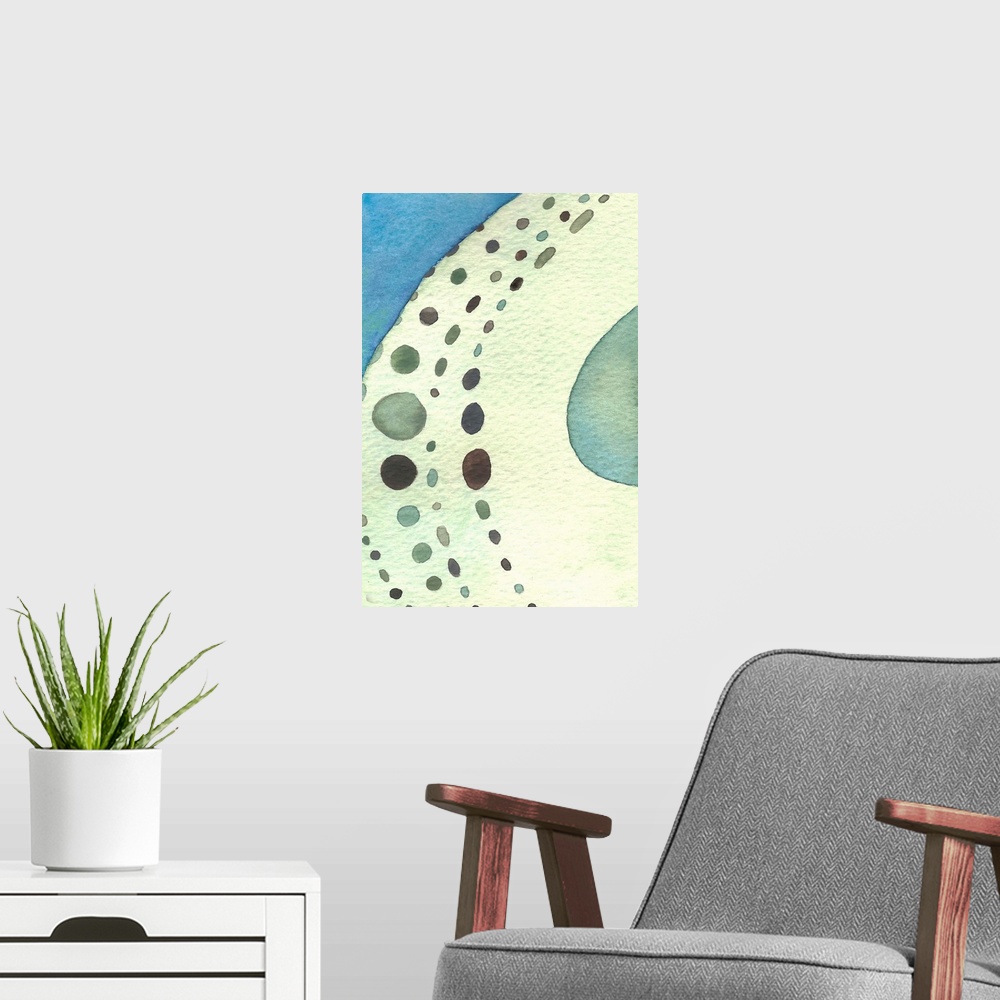 A modern room featuring Contemporary watercolor artwork featuring several round shapes curving around a pale yellow form.