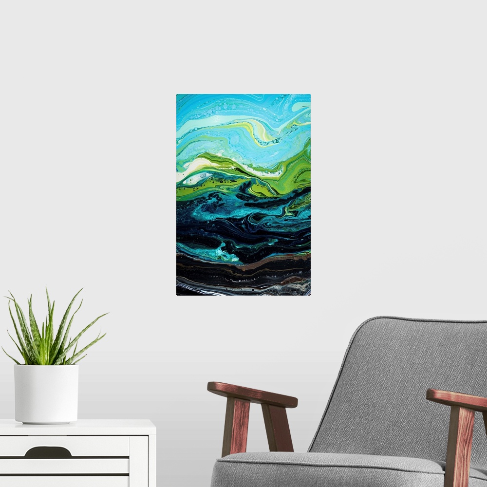 A modern room featuring Green And Blue Abstract 36
