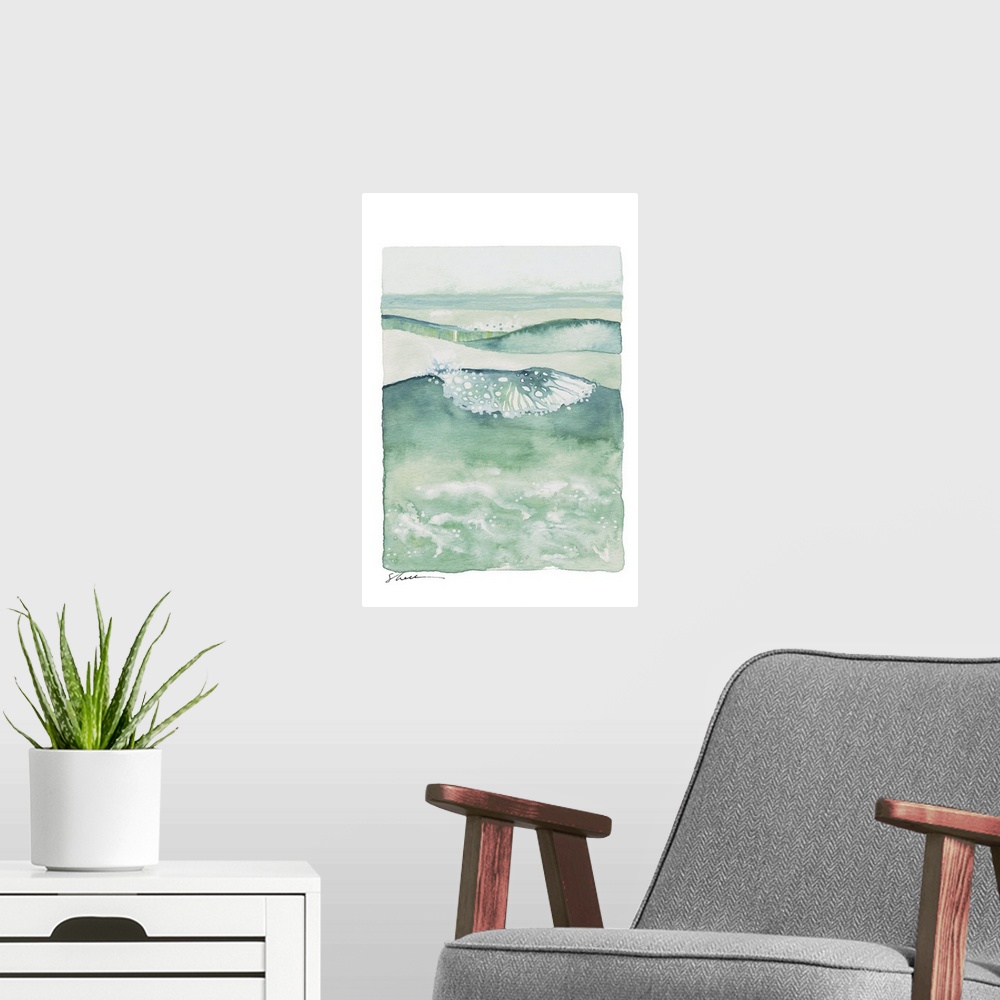A modern room featuring Contemporary watercolor painting of ocean waves in shades of green.