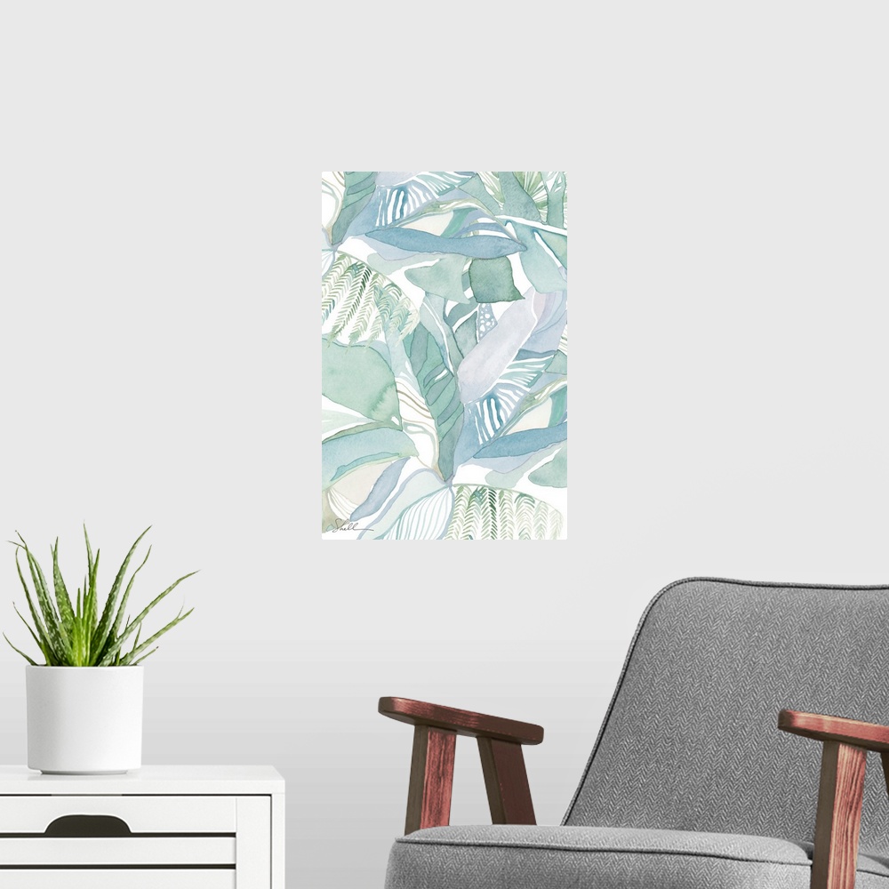 A modern room featuring Modern Abstract Tropical Foliage hand painted in Watercolors