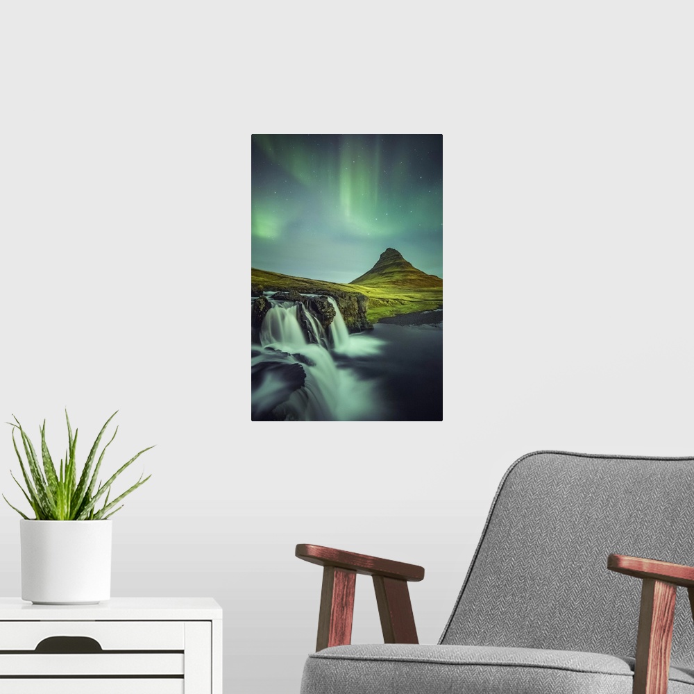 A modern room featuring Long exposure landscape with waterfalls and aurora borealis above Kirkjufell Mountain, Snaefellsn...