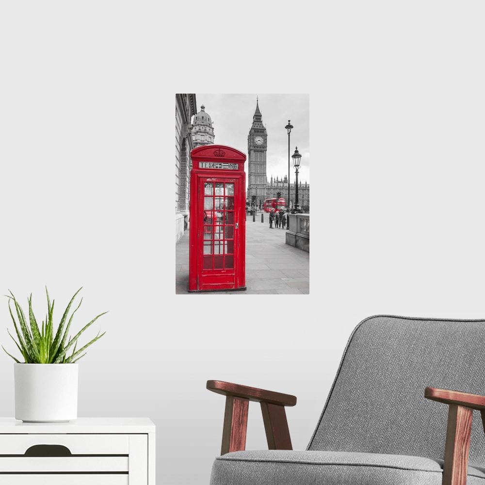 A modern room featuring Big Ben, Houses of Parliament and a red phone box, London, England.
