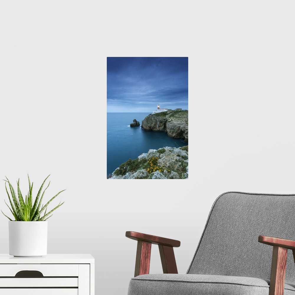 A modern room featuring Cabo de Sao Vicente (Cape St. Vincent) and the lighthouse at dusk. The southwesternmost lighthous...