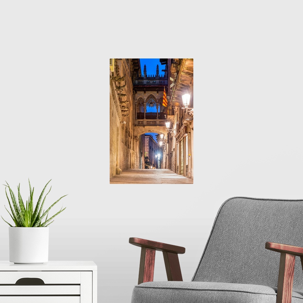 A modern room featuring Carrer del Bisbe street, Gothic Quarter, Barcelona, Catalonia, Spain.