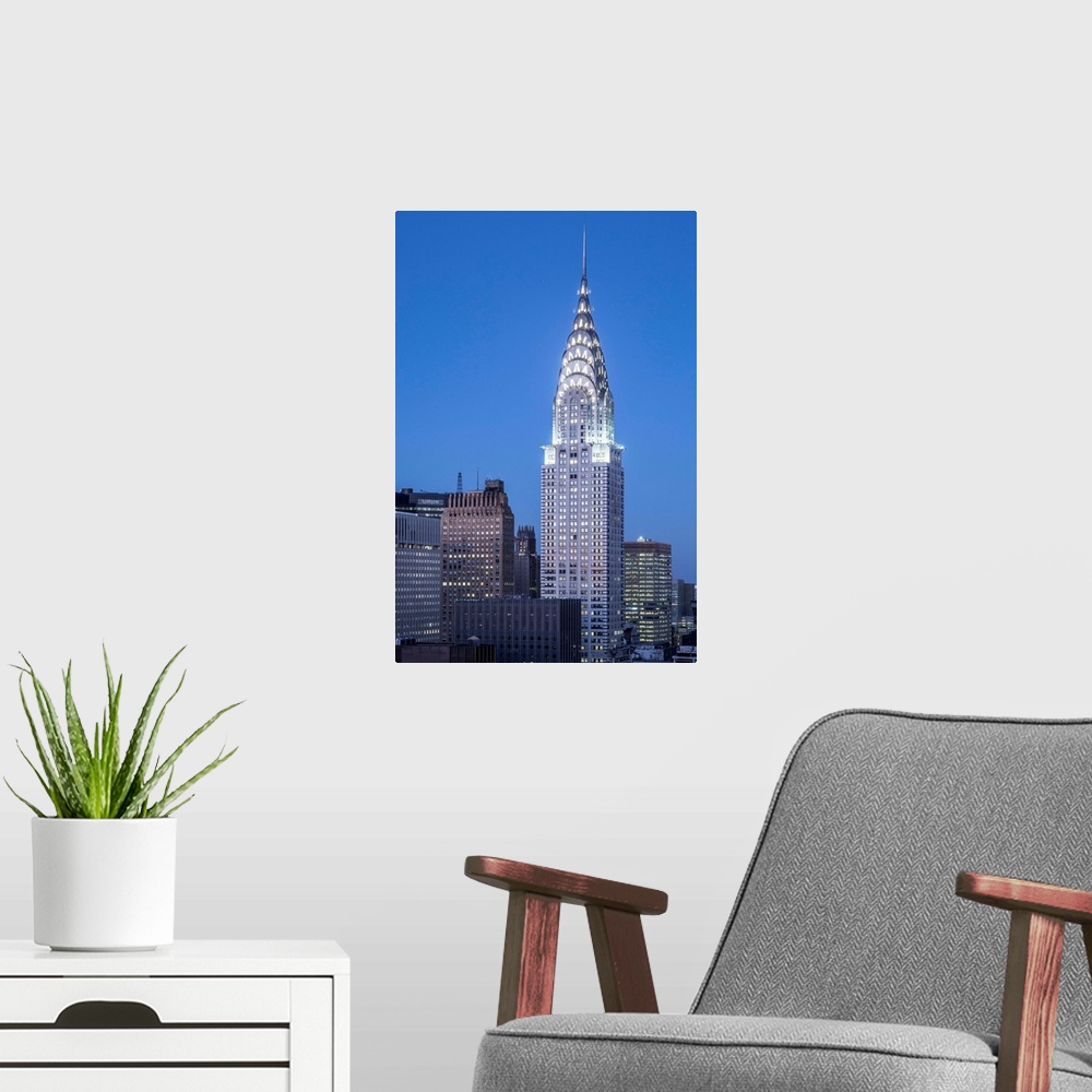A modern room featuring Chrysler Building, Manhattan, New York City, New York, USA.