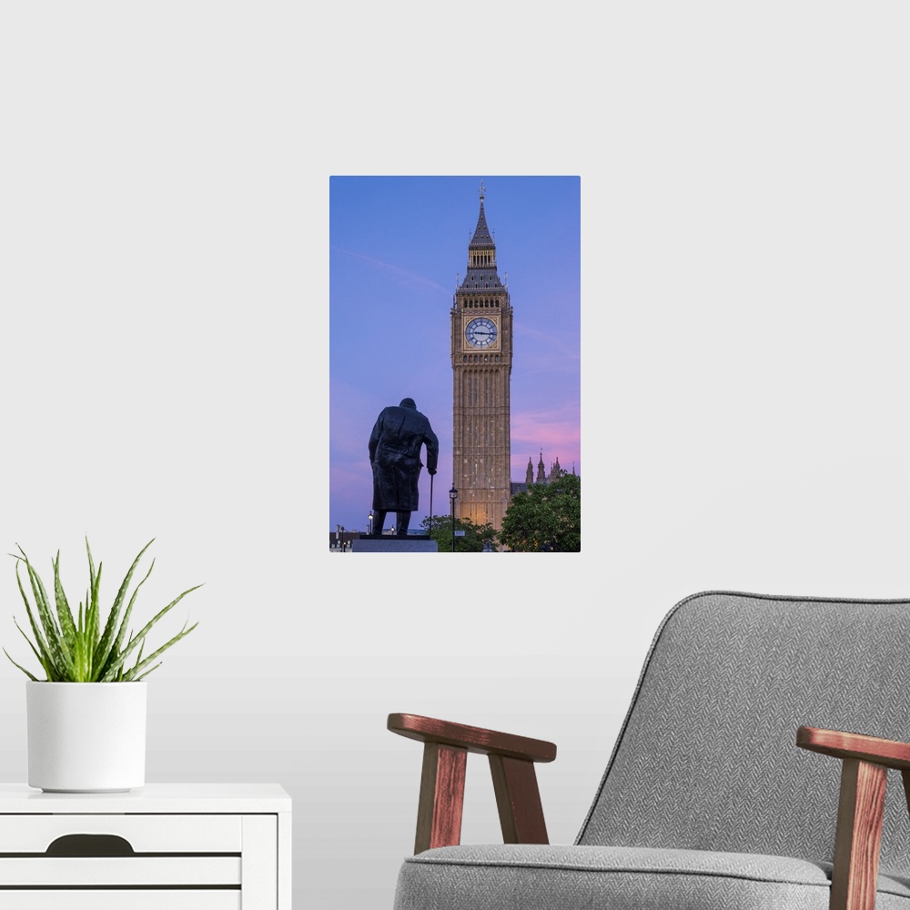A modern room featuring Churchill Statue, Big Ben & Parliament Square, London, England, UK