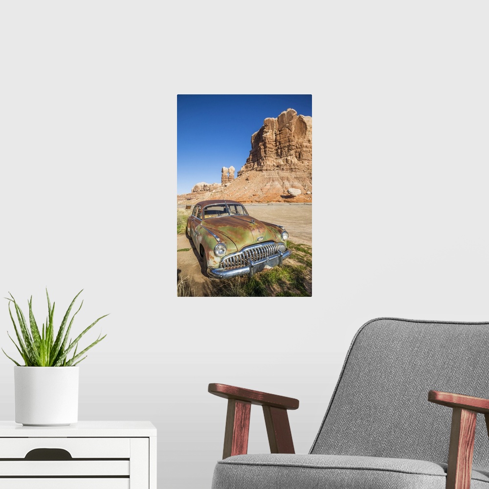 A modern room featuring Classic 50's Car, Twin Rocks, Cow Canyon Trading Post, Bluff, Utah, USA