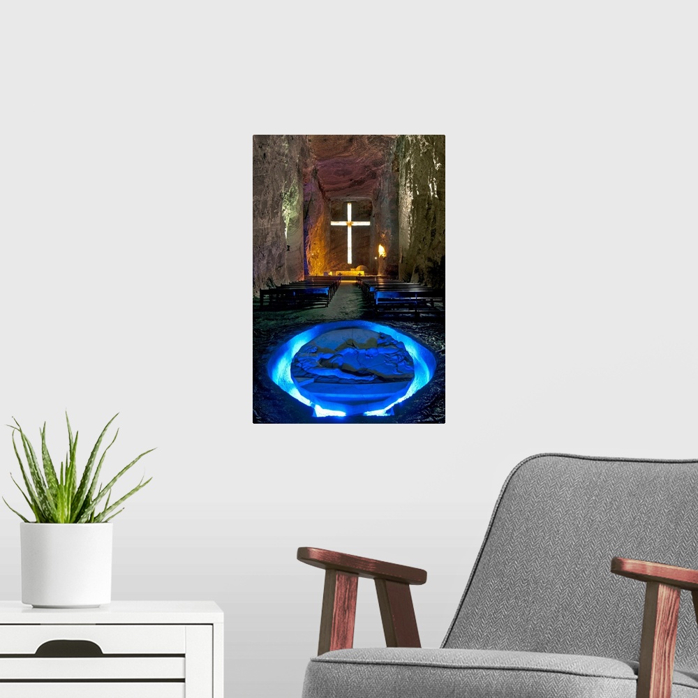 A modern room featuring Colombia / Zipaquira / Cudinamarca Province / Salt Cathedral / Main Altar With Cross / The Creati...